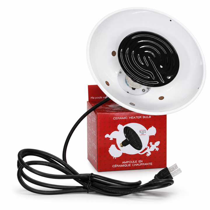 Ensemble complet pour poulailler – 6 produits essentiels | Abreuvoir chauffant 2 gallons, lampe céramique avec socle, électrolytes 300 g, larves BSF 1 lb et 5 casques pour poules