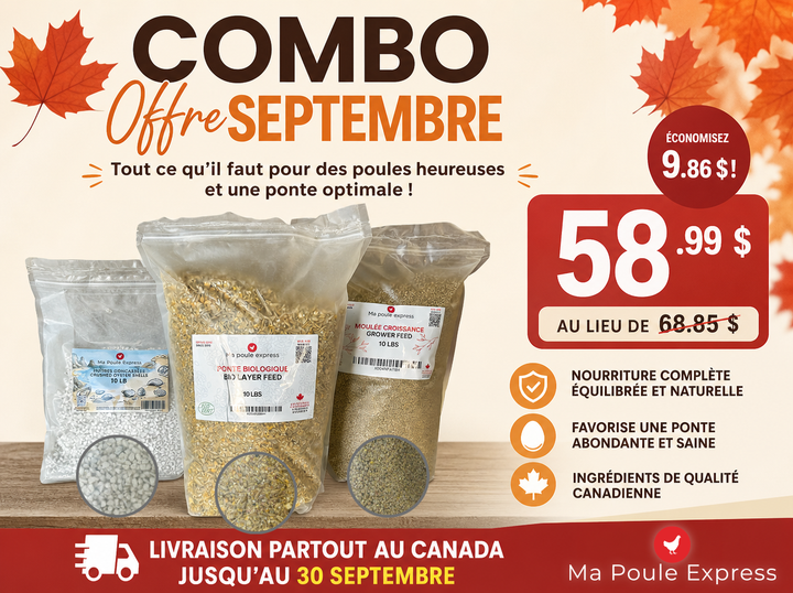 Combo Septembre pour Poules – Moulée Croissance 10 lb + Moulée Bio 10 lb + Huîtres Concassées 10 lb