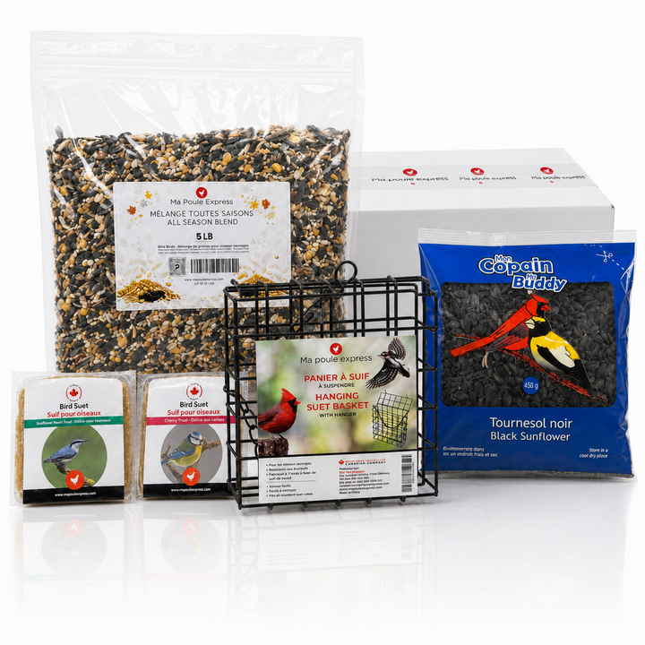 Combo Septembre pour oiseaux sauvages – Mélange toutes saisons 5 lb + 12 suifs mélangés + cage à suif gratuite + tournesol noir 450 g