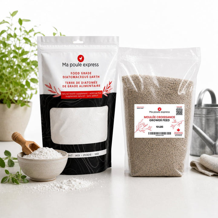 Ensemble Prêt - pour - le - Jardin : Terre de Diatomée (1kg) + Moulée Croissance (10 lbs) – Offre Spéciale de Juin - Ma Poule Express