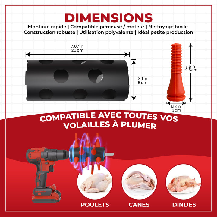 Kit Plumeuse à Volailles, Accessoire pour Perceuse Déplumeuse Rapide pour Poulet, Canard, Dinde, Caille, Acier Inox, Doigts Souples - Ma Poule Express