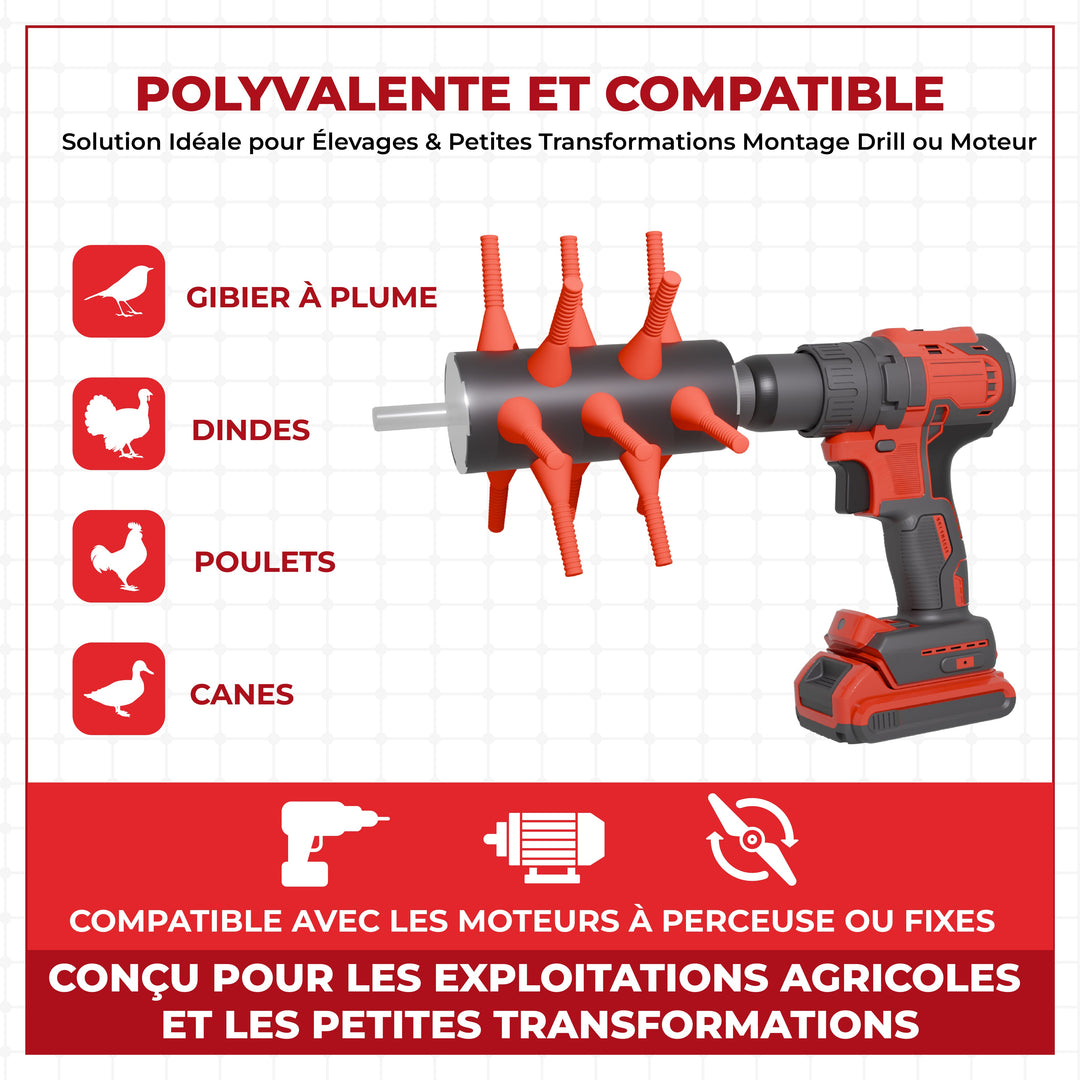 Kit Plumeuse à Volailles, Accessoire pour Perceuse Déplumeuse Rapide pour Poulet, Canard, Dinde, Caille, Acier Inox, Doigts Souples - Ma Poule Express