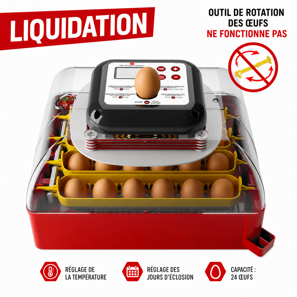 Liquidation – Incubateur automatique 24 œufs, outil de rotation non fonctionnel