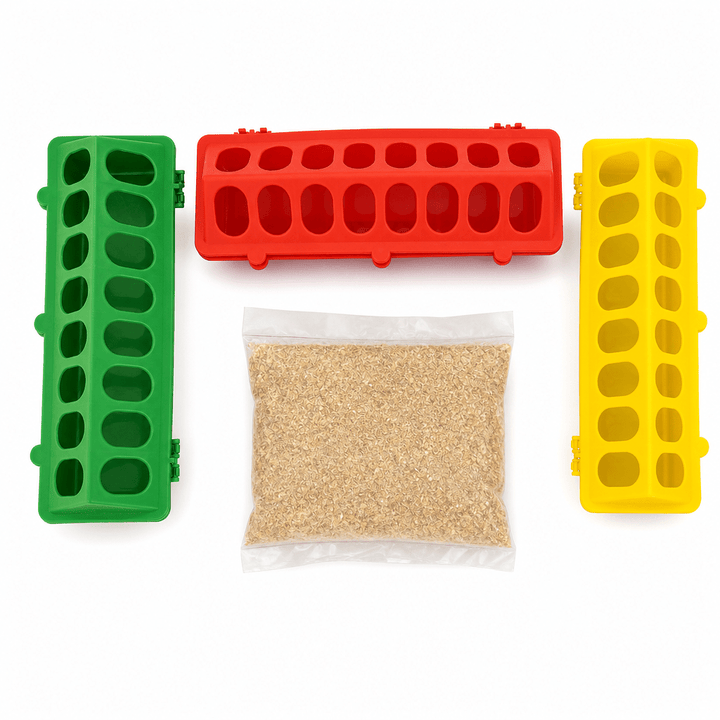 Lot de 3 Mangeoires Linéaires à Trous pour Poussins et Volailles + Sac de moulée - Ma Poule Express