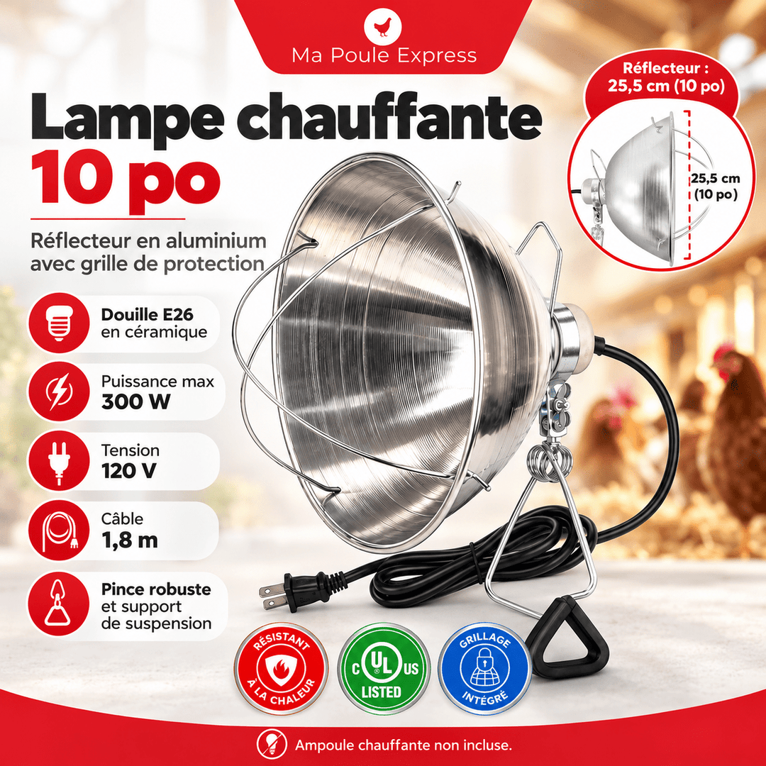 Socle pour ampoule chauffante en aluminium de 10 po avec pince et grille de protection – 1 unité - Ma Poule Express